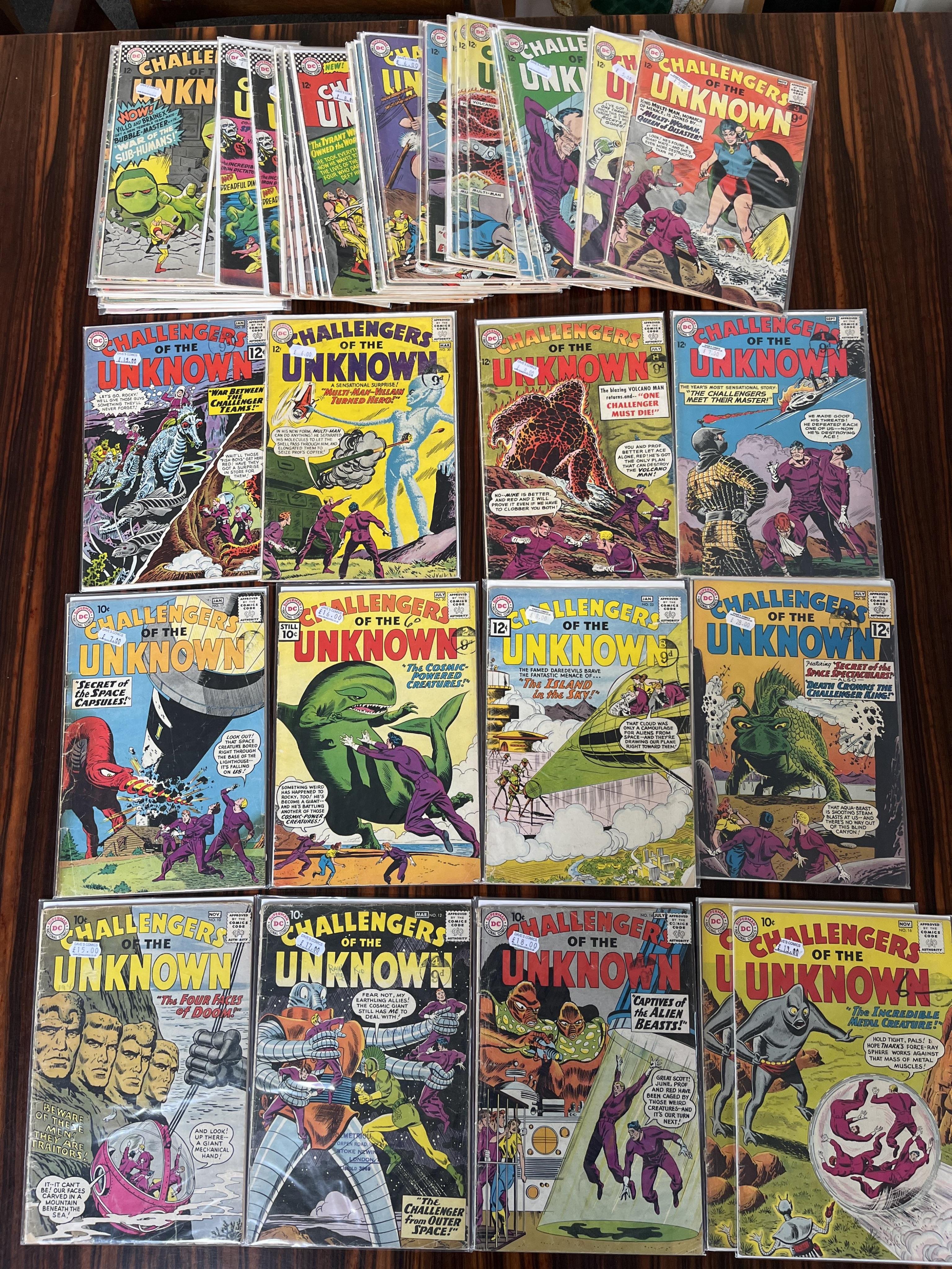 Challengers of the Unknown, DC comics, Vol. 1, 51 issues between #10–81, comprising, #10, #12, #14, #16 x2, #17, #20, #23, #26, #29, #30, #32, #33, #34, #35, #38, #39 x2, #40 x2, #42 x3, #43, #44, #45 x 3, #46 x2, #48, #